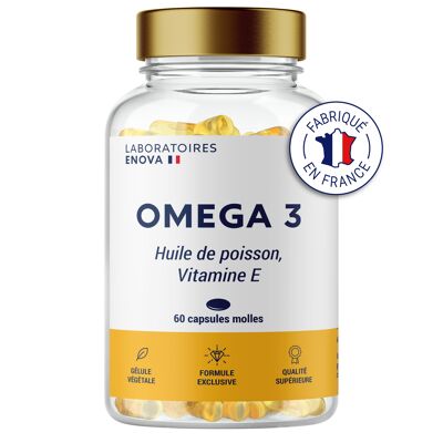 OMEGA 3 | Ultrakonzentriertes Fischöl + Vitamin E | Reich an Fettsäuren 700 MG EPA + 500 MG DHA pro Portion | Vision, Gehirn, Herz | 60 bioverfügbare Kapseln | Nahrungsergänzungsmittel