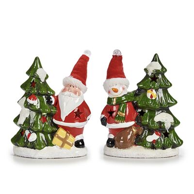 Pack de 2 figurines Père Noël et bonhomme de neige avec petit sapin.