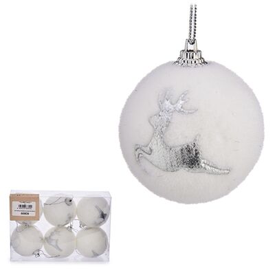 SET OF 6 WHITE CHRISTMAS BALLS WITH REINDEER 6 cms