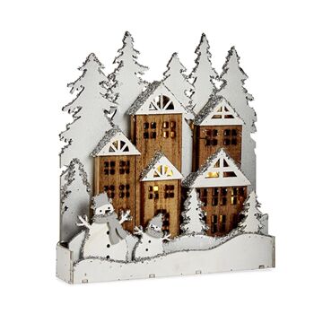 Figure de village en bois blanc avec de la neige.