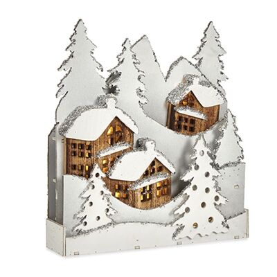 White wooden village figure with glitter tree.