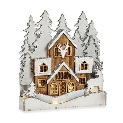 Figurine de village en bois blanc avec renne scintillant.
