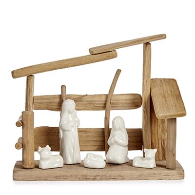 Nativité en bois avec 5 figurines et portail.