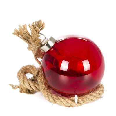 Bola de 9cm. decorativa de navidad con 14 LED. Cuerda natural para colgar de 60cm.
