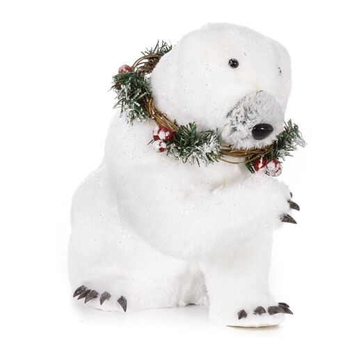 Figura oso polar sentado, con guirnalda, 27cm.