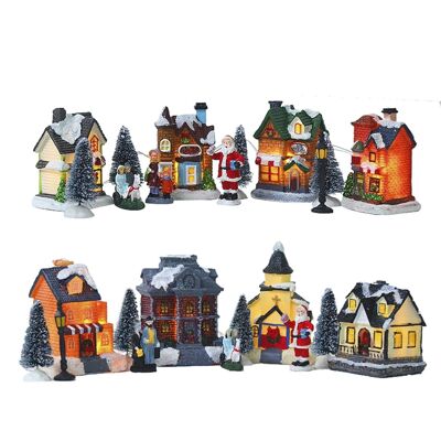 Random CHRISTMAS Village set with leds 4 constructions and decoration. Approximate size per house 6 cm x 6 cm x 4 cm.