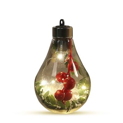 Light bulb design pendant with snow, cherries and holly with LED lights.