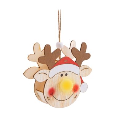Ciondolo in legno con decorazione natalizia illuminato a LED - Faccia di renna