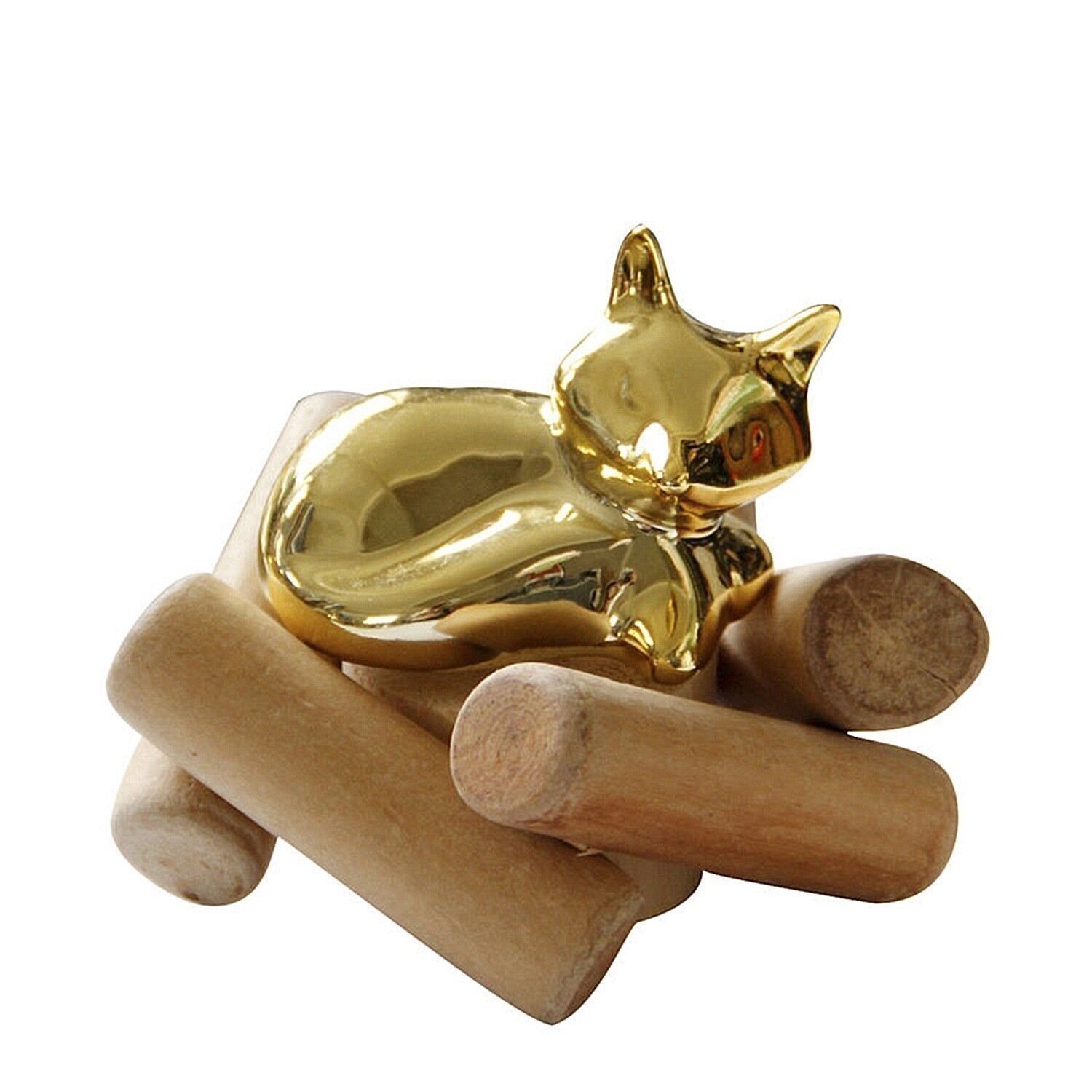 Figura decorativa Ceramica Volpe dormiente in porcellana e legno