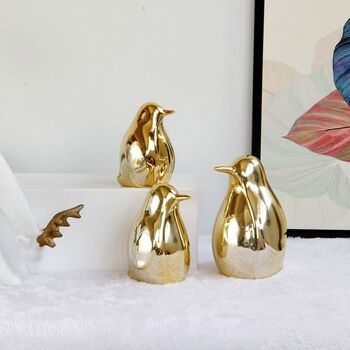 Set de 3 Figurines Décoratives en Porcelaine Dorée Pingouins 2