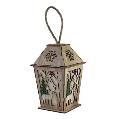 WOODEN LANTERN DECORATION WITH LIGHT 12.5*12.5*21CM