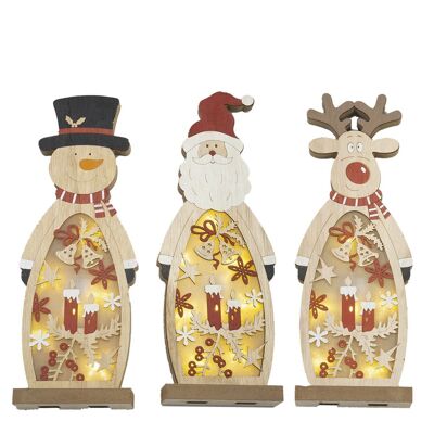 Weihnachtliche Dekofigur aus Holz mit LED-Licht. Zufälliges Design Weihnachtsmann, Rentier oder Schneemann.