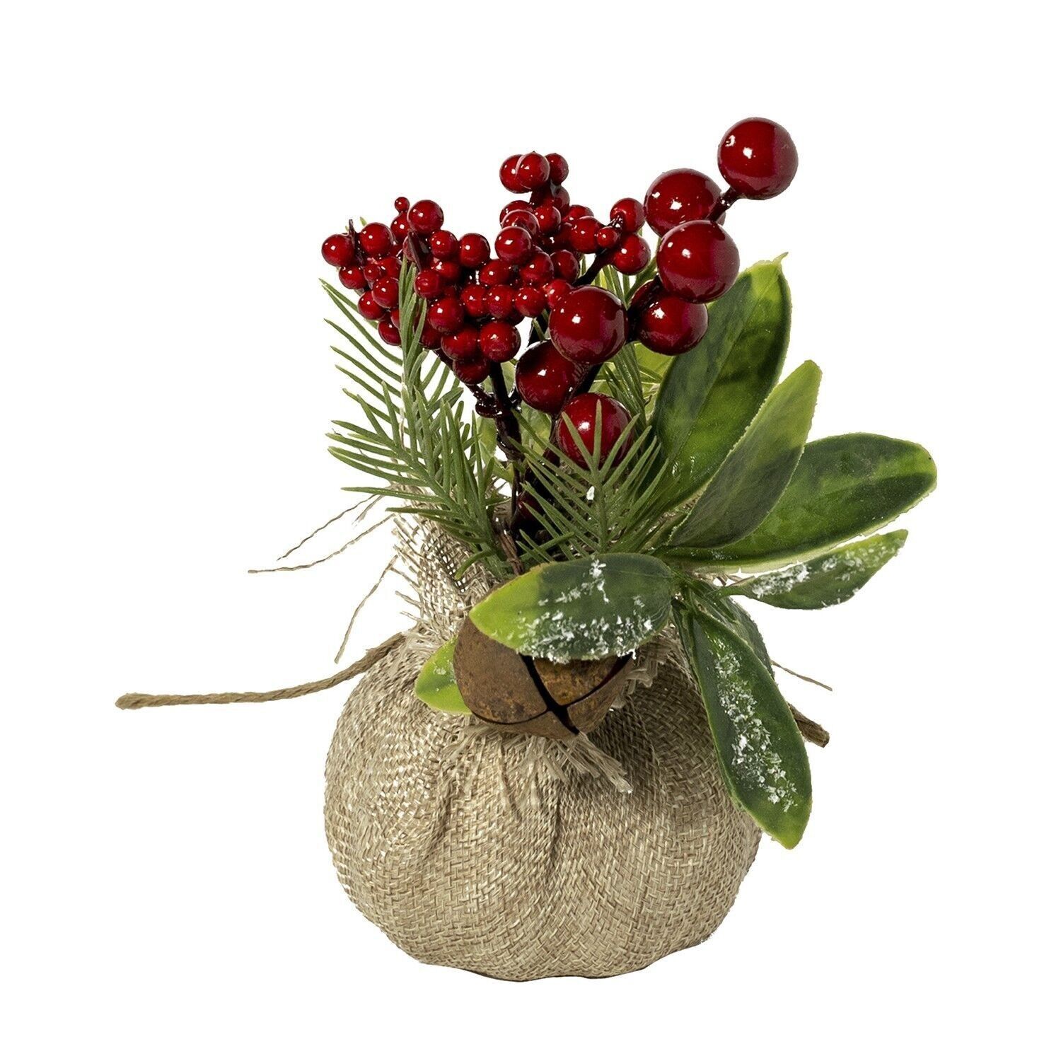 Vaso in rattan con ciliegie presentato in un sacco di iuta.