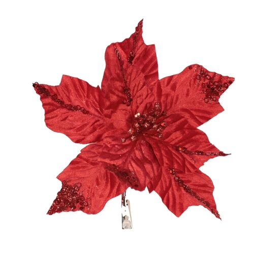 Flor decorativa de navidad 28cm. roja con clip.