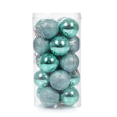 Boules décoratives de Noël, 4cm. Lot de 20 coloris vert aqua, textures variées.