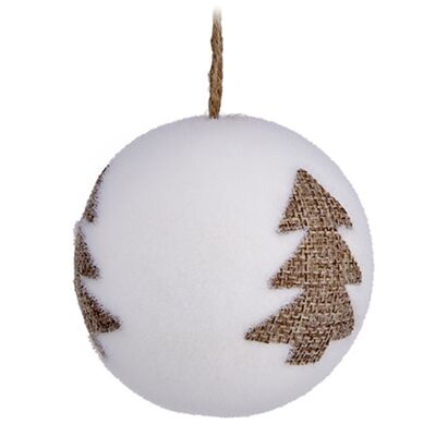 Set of 3 8cm white Christmas balls, brown tree design.