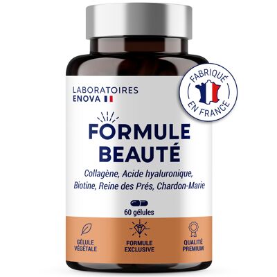 FORMULE BEAUTÉ | Complement Alimentaire Cheveux Peau & Ongles | Collagene Marin, Acide Hyaluronique, Biotine, Zinc, Selenium | 60 Gelules | Fabrique En France