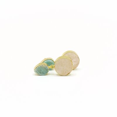 Golden earrings, women, fashion jewelry.   Rose quartz and Amazonite.   Golden.   Weddings, guests.Spring.   Hand made.
