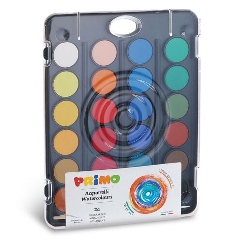 Watercolour tablets, plastic box with lid/mixing palette, 24 colours