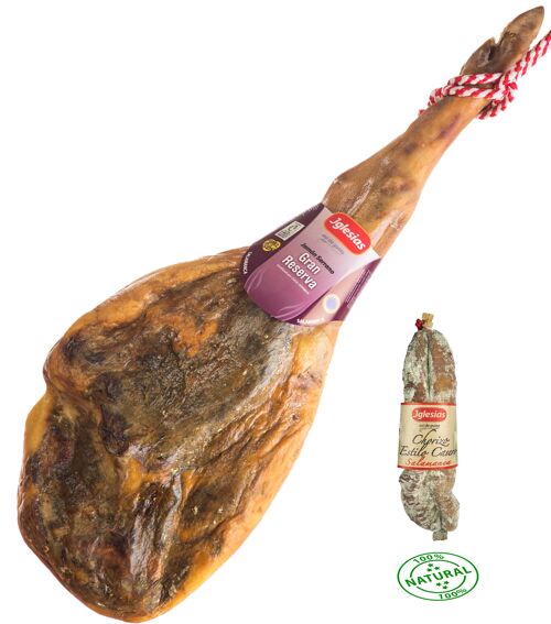 Jamón Serrano gran Reserva + 14 Meses de Curación + Chorizo Casero sin Aditivos de 400g de Regalo