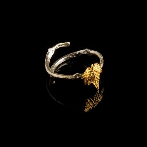 Adjustable,14k Goldplated and sterling silver, Vine leaf Ring with twig