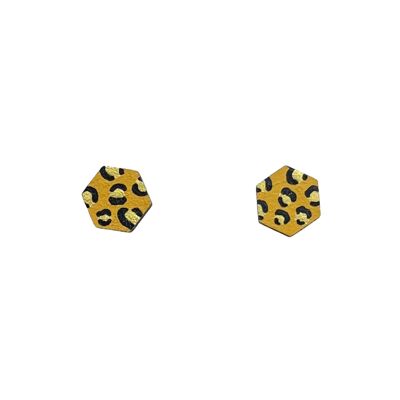 Mini hexagon leopard print studs mustard and gold hand painted jewellery
