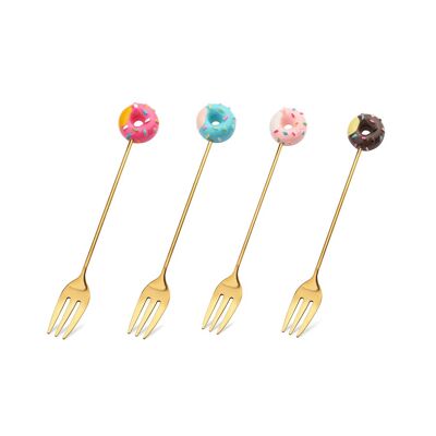 Set of 4 pastry forks | spoons with donut design | colored gold