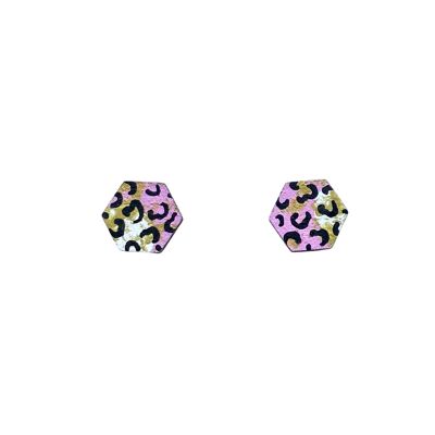 Pendientes mini hexágono mixto leopardo tachuelas rosa pintados a mano