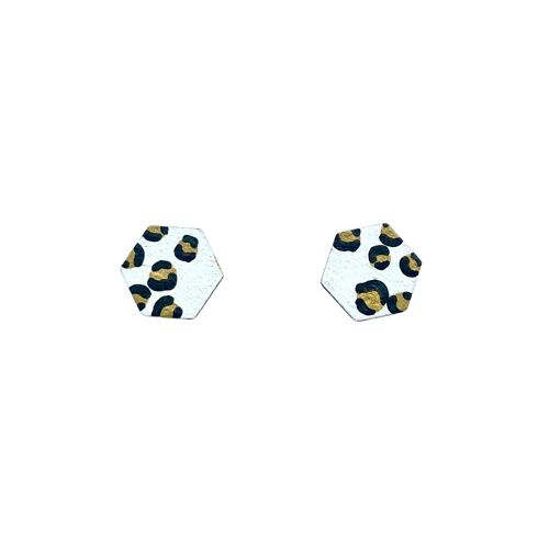 Mini hexagon leopard print studs faded white and gold hand painted earrings
