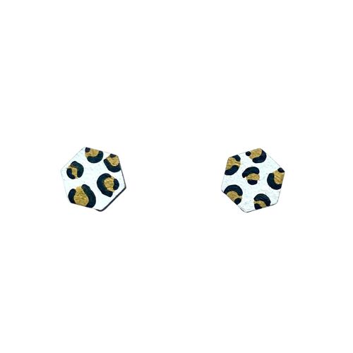 Mini hexagon leopard print studs white and gold hand painted wooden earrings
