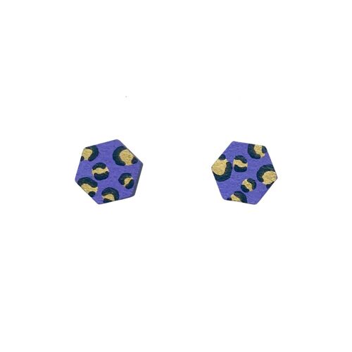 Mini hexagon leopard print studs purple and gold hand painted wooden earrings
