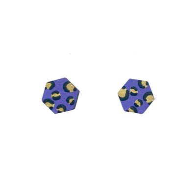 Pendientes mini tachuelas hexagonales de madera pintadas a mano en morado y dorado con estampado de leopardo