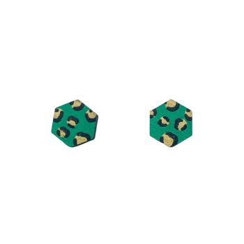 Boucles d'oreilles peintes à la main vert et or avec mini hexagone imprimé léopard