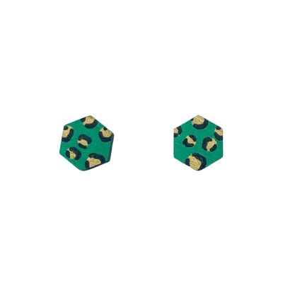 Mini hexagon leopard print studs green and gold hand painted earrings