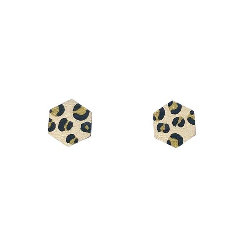 Mini hexagon leopard print studs beige and gold hand painted earrings