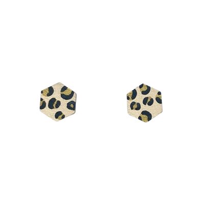 Pendientes mini tachuelas hexagonales con estampado de leopardo beige y dorado pintados a mano