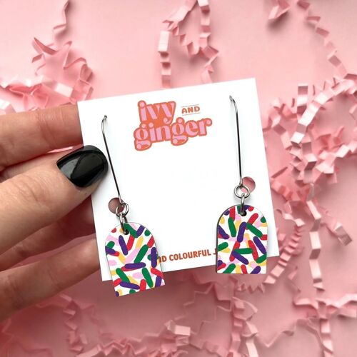 Confetti bright arch dangles hand painted wooden earrings