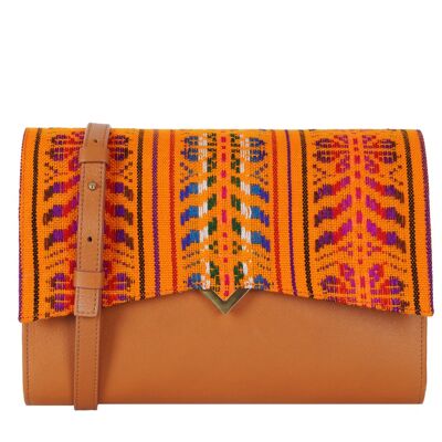Roma Bag - Camel Leather Base and Orange Ethnic Textile Flap
