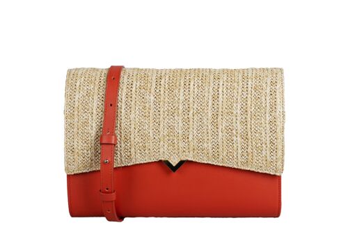 Sac Roma - Base Cuir Orange et Rabat Raphia Beige