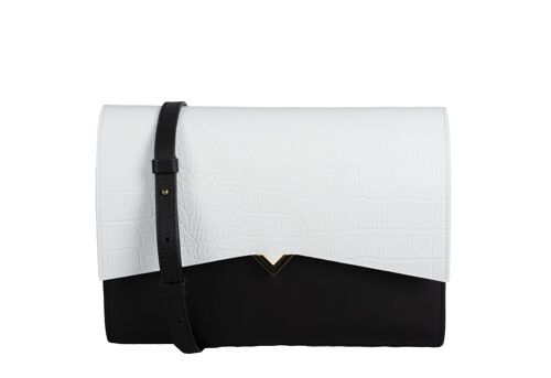 Sac Roma - Base Cuir Noir et Rabat Croco Blanc