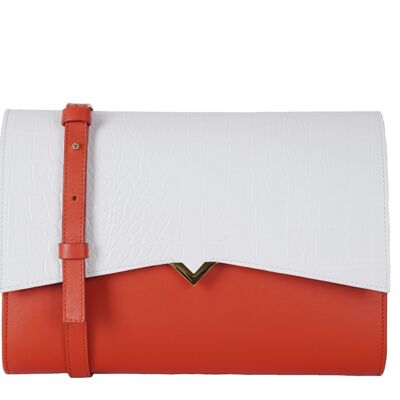 Bolso Roma - Base de cuero naranja y solapa de cocodrilo blanco