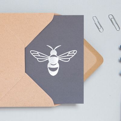 Foil blocked Bee card - Silver on Grey