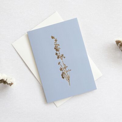 Foil blocked Heather card - Brass on Cornflower Blue