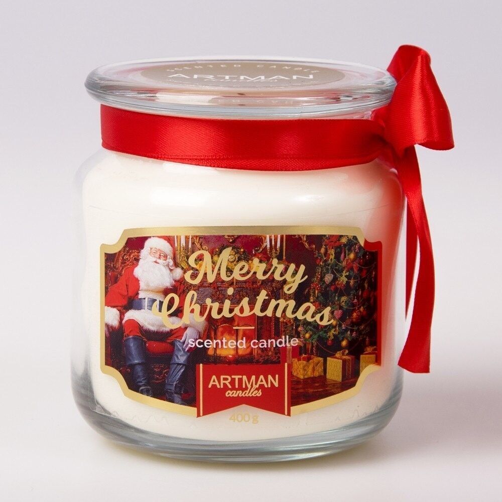 Candela profumata in vetro conservato con stoppino in bambù e biglietto di auguri 10,8 x 9,5 cm