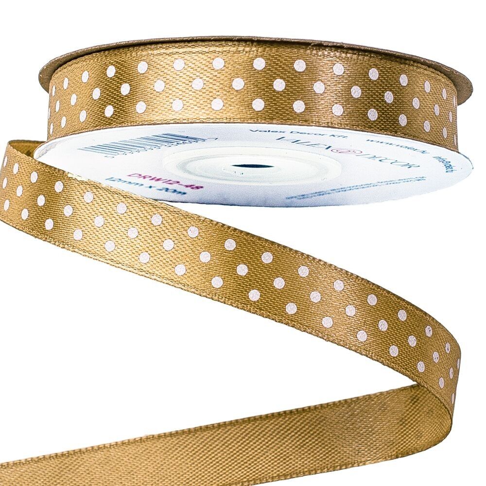 Nastro di raso puntinato bianco 12 mm x 20 m - Marrone dorato
