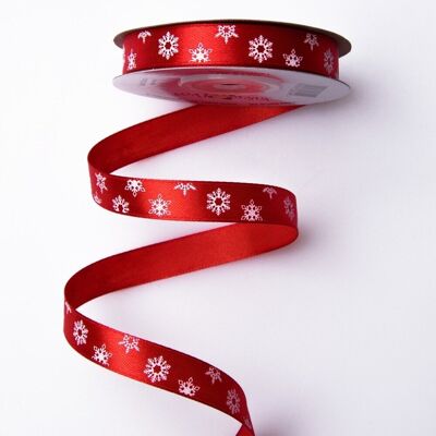 Cinta de raso navideña con copo de nieve 12 mm x 20 m - Rojo