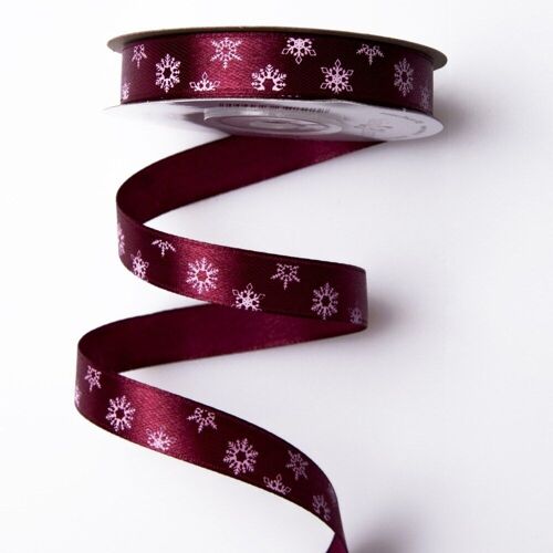 Christmas satin ribbon with snowflakes 12mm x 20m - Burgundy