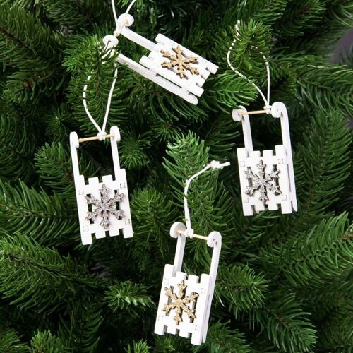 4pcs. Silver/Gold snowflake hanging sledge Christmas decor 6.5cm