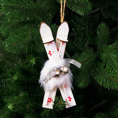 Wooden skis Christmas tree decoration 6cm x 15cm - White