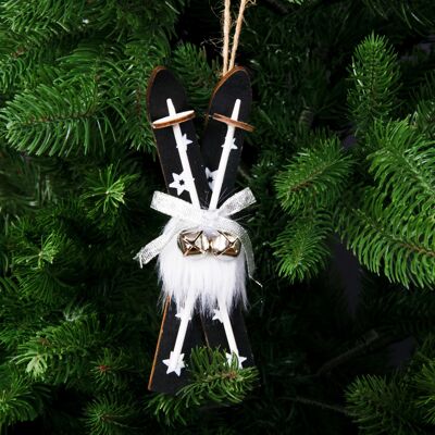 Wooden skis Christmas tree decoration 6cm x 15cm - Black